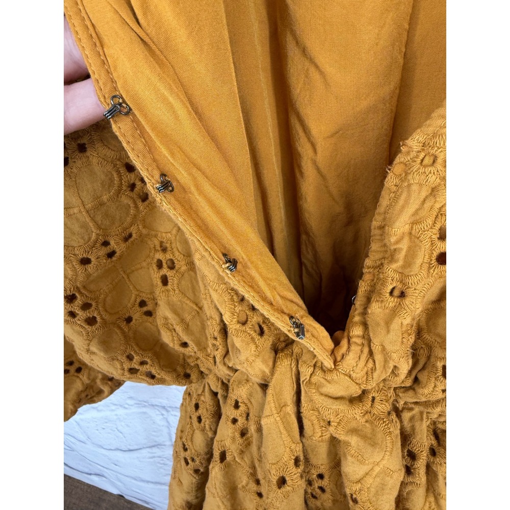 ByTogether Eyelet Mini Dress M Mustard Boho Cottagecore Prairie Puff Sleeve - Picture 6 of 12